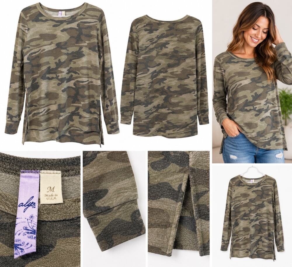Alfa Women’s Camo Long Sleeve Tunic Top – Size Medium – Made in USA